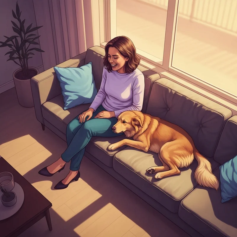 A woman enjoying the company of one of the friendly dog breeds in a sunlit apartment.