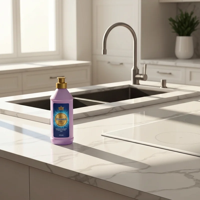 The Bar Keepers Friend Soft Cleanser 13oz sitting on a pristine marble countertop in a modern kitchen.