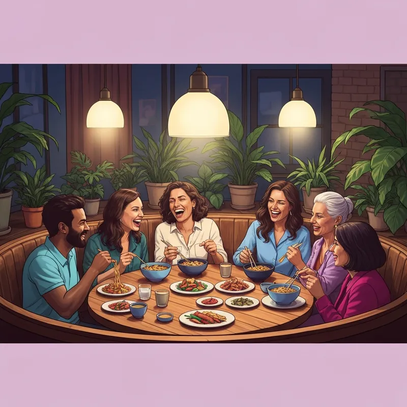 A group of friends enjoying a meal at a high-vibe good friends restaurant with Asian fusion comfort food.