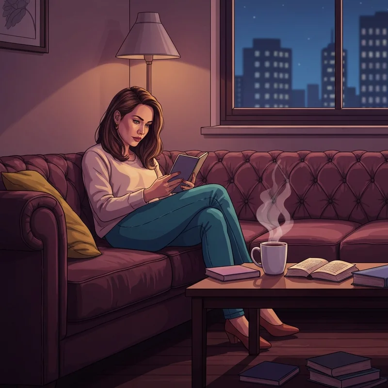 A woman reading best friends to lovers books in a cozy apartment setting.