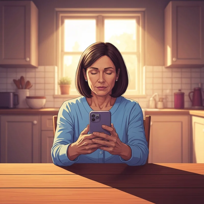 A person performing a quiet prayer for ill friend on their smartphone in a sunlit kitchen.