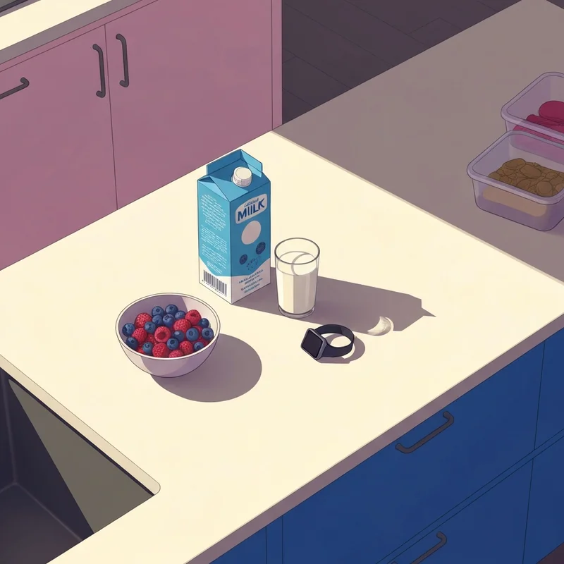 A carton of Friendly Farms milk on a clean kitchen counter next to a glass of high-protein milk and healthy snacks.