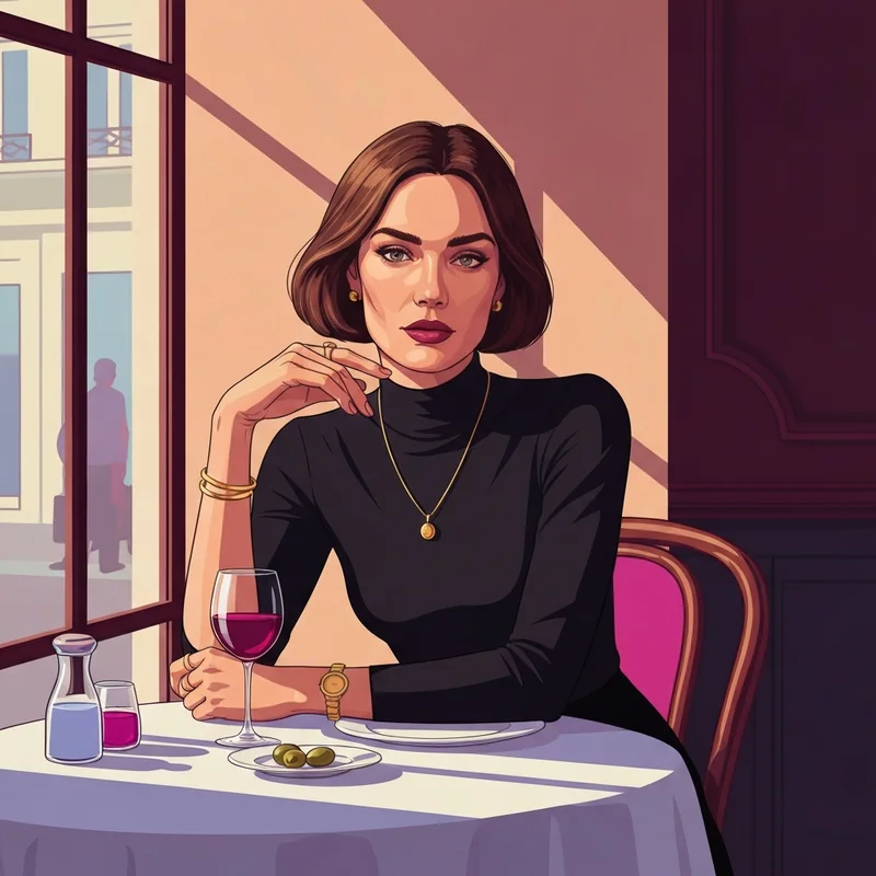 A stylish young woman embodying the 'sophisticated insider' vibe while waiting for my french friend in a Parisian cafe.