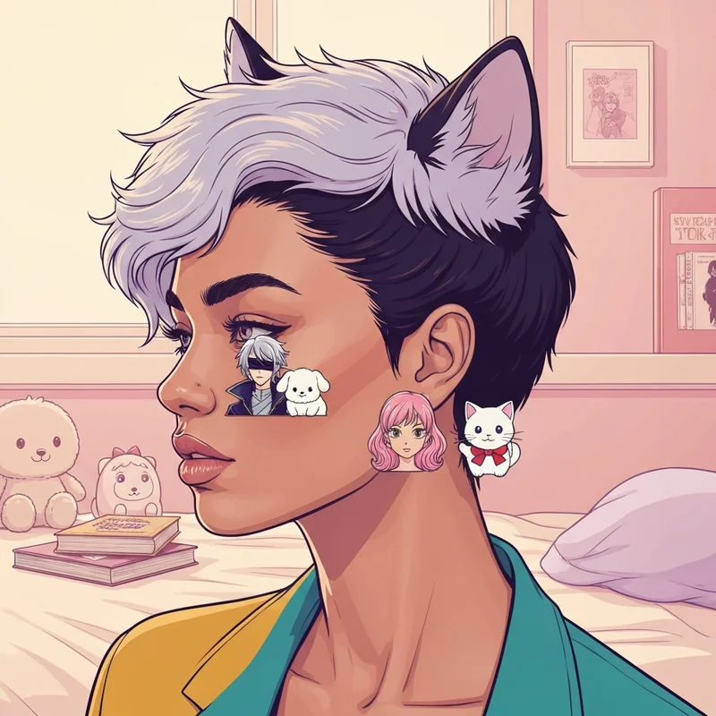 Close-up of a person wearing the jujutsu kaisen x hello kitty and friends character earring set showing Gojo and Yuji pairings.