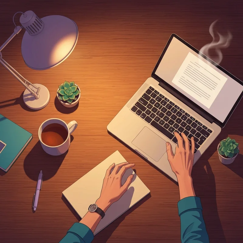 A cozy desk setup showing a person drafting a sample immigration letter of support for a friend late at night.