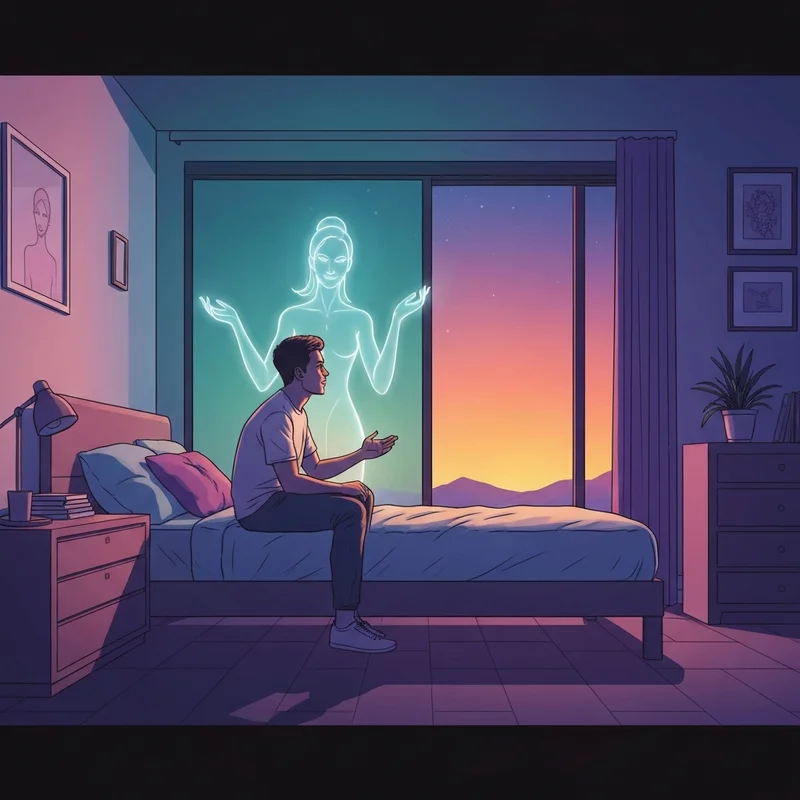 A young person interacting with their dream ai companion in a modern digital sanctuary.