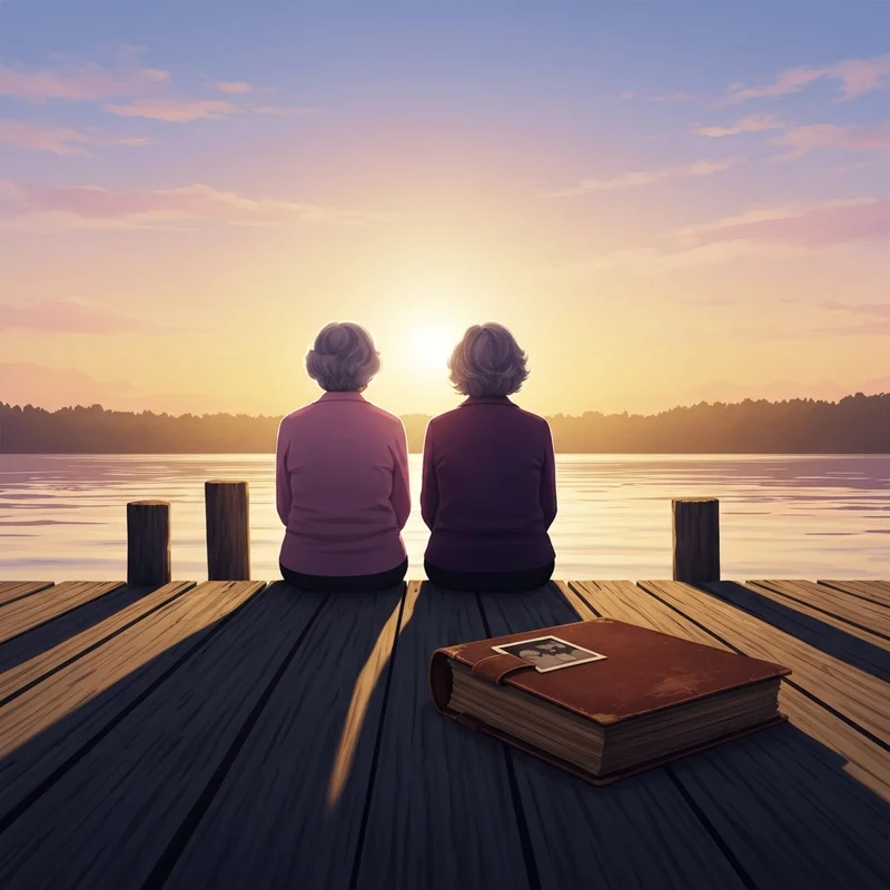 Two lifelong companions reflecting on their history as the oldest friend to one another, sitting by a peaceful lake at sunset.
