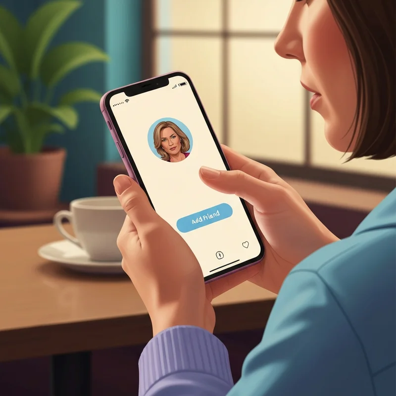 A person learning how to send friend request in facebook on a smartphone in a cafe.