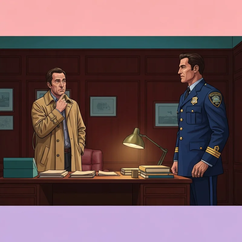 The iconic Friend in Deed Columbo confrontation between the detective and the commissioner.