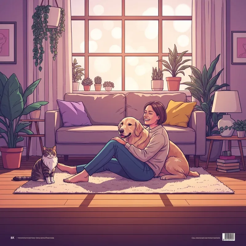 A person experiencing the emotional benefits of 4 footed friends in a cozy apartment.