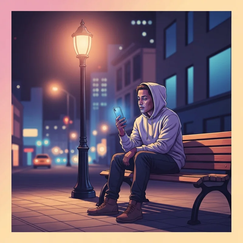 A young person looking at their phone while listening to friend zone a boogie lyrics in a neon-lit city.
