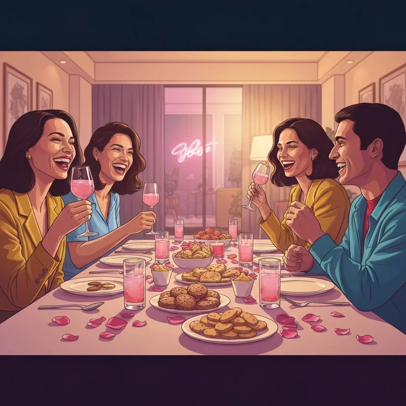 A diverse group of friends celebrating friends valentine's day with a high-aesthetic dinner party.