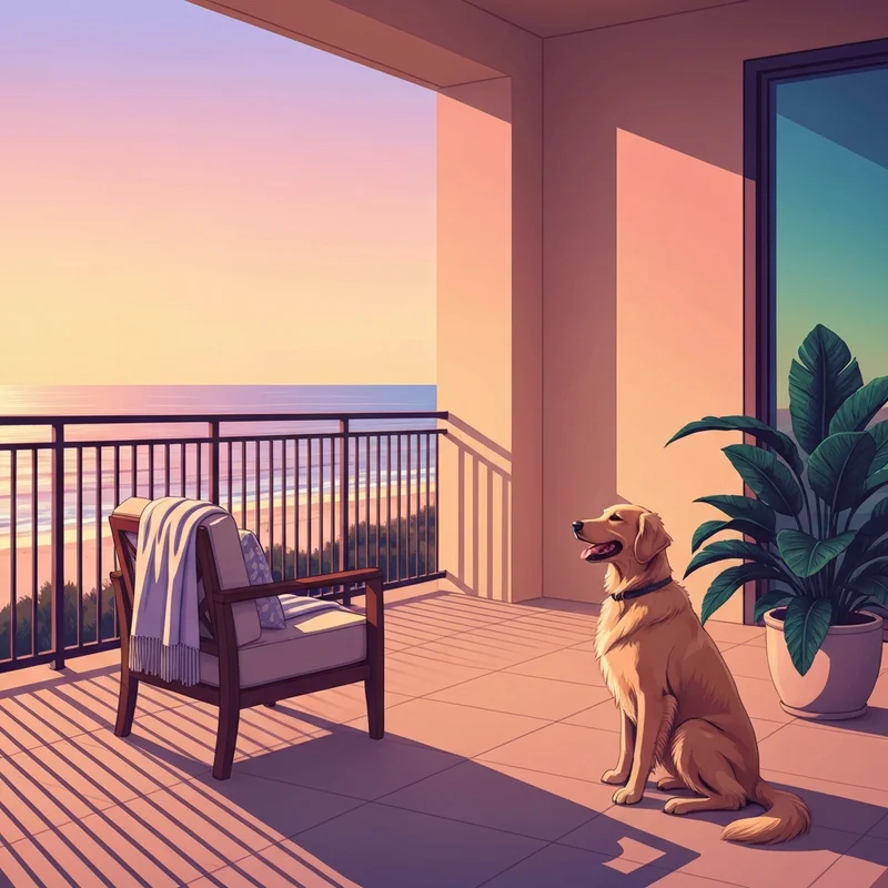 A luxury balcony at one of the pet friendly places to stay in orange beach al featuring a happy dog at sunset.