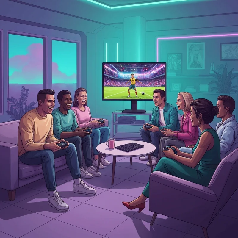 A group of happy rush friends enjoying a high-energy gaming session in a neon-lit room.