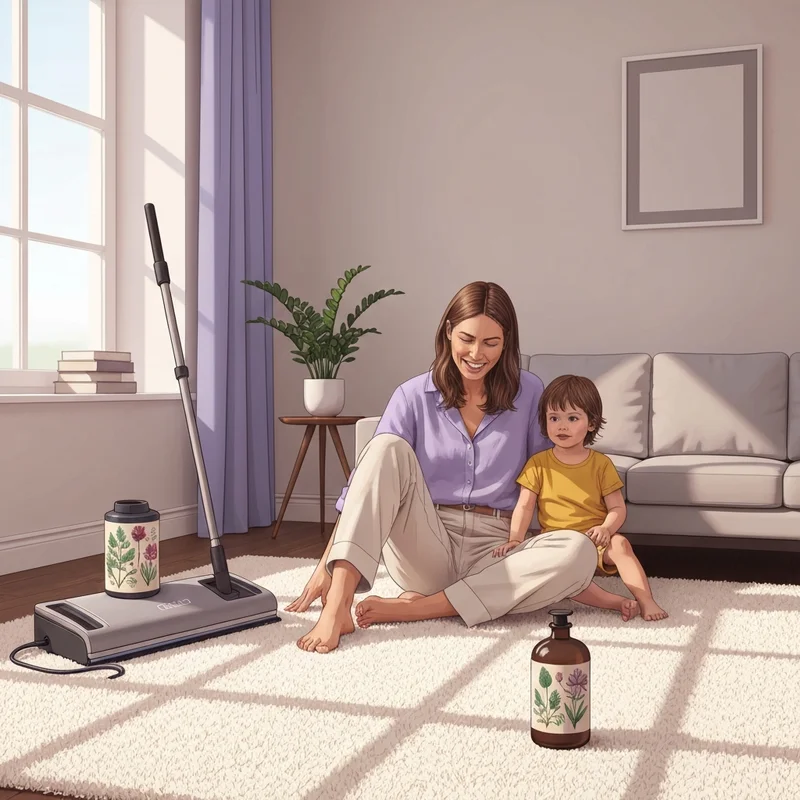 A happy family playing on a clean rug after using a carpet shampoo eco friendly.