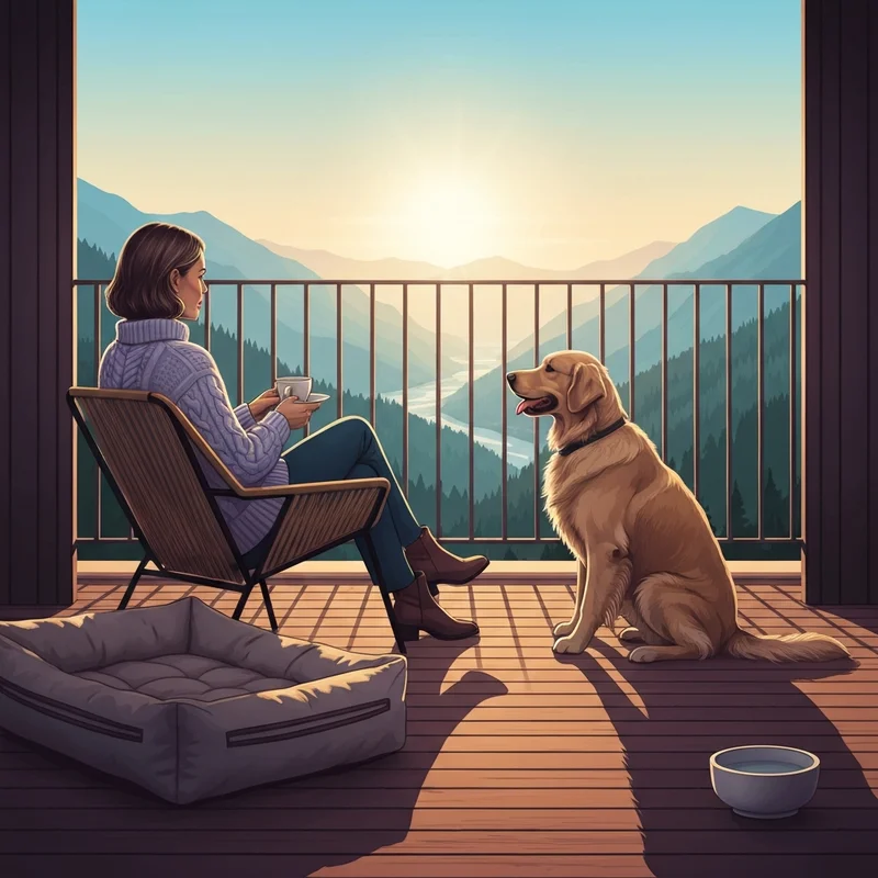 A woman and her golden retriever enjoying a sunrise view at one of the top dog friendly resorts near me.