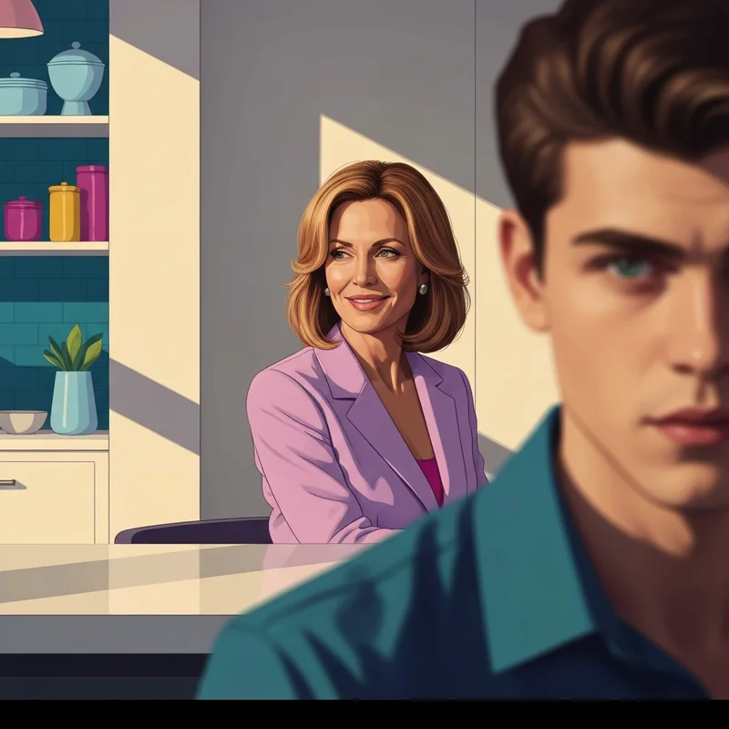 A sophisticated woman sharing a moment of tension with a younger man, illustrating the theme of my hot mom's friend.