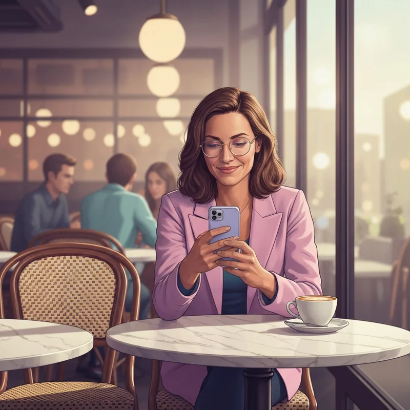 A confident young woman sitting alone in a cafe while waiting for friends, looking at her phone.