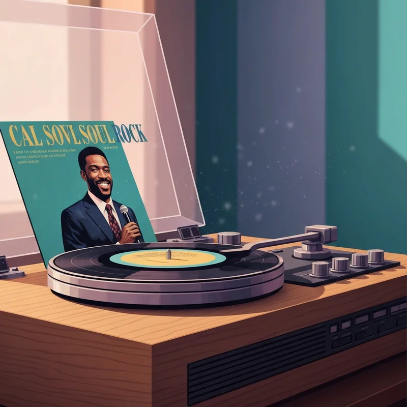 A vintage record player spinning the with a little help from my friends album in a warm, nostalgic setting.