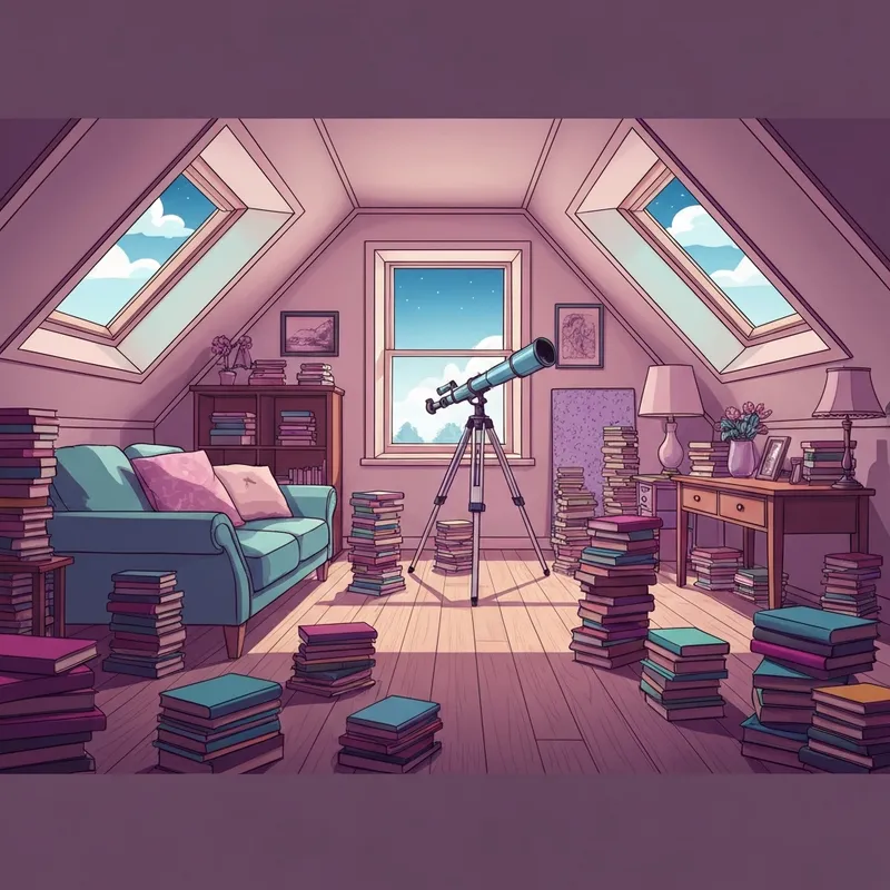 A nostalgic bedroom scene representing the just friends book haley pham aesthetic with books and a telescope.
