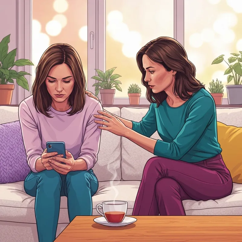 A supportive scene showing two friends in an apartment, illustrating what to say to a grieving friend with empathy and care.