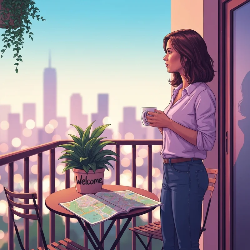 A woman looking at a city skyline while learning how to meet friends in a new city