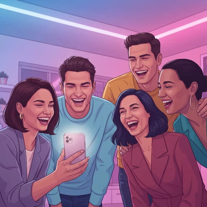 A group of friends laughing at a smartphone screen while discussing group names for friends funny and iconic.