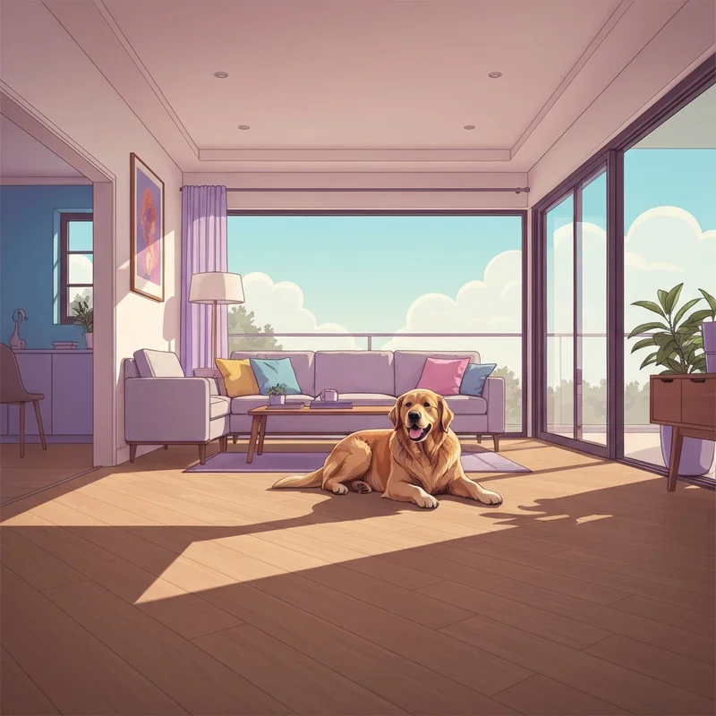 A modern living room featuring stylish pet friendly flooring with a dog resting comfortably.