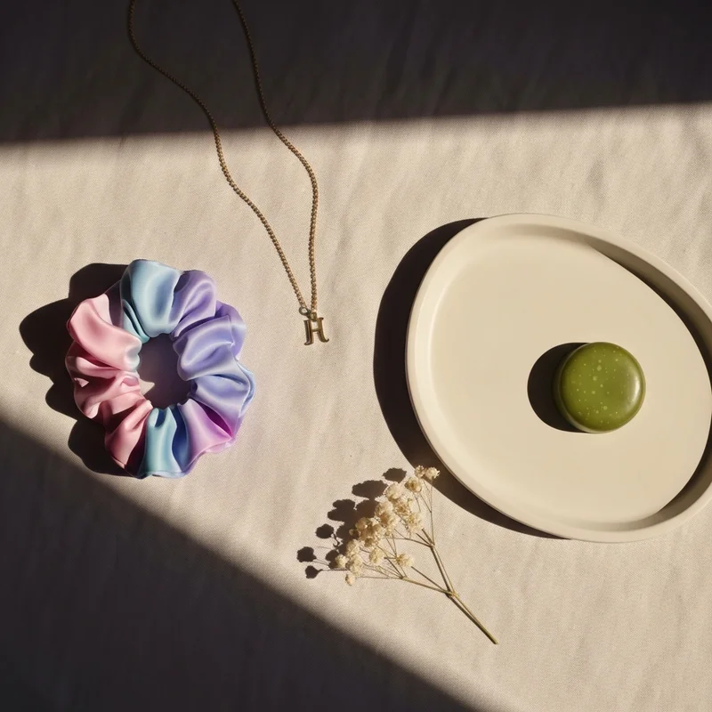 A curated collection of small gift ideas for friends featuring aesthetic tokens like a gold necklace and silk scrunchie.