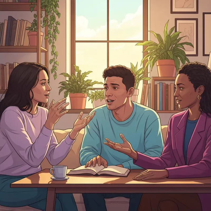 A group of young adults practicing how can i be a better friend through active listening and emotional support in a cozy setting.