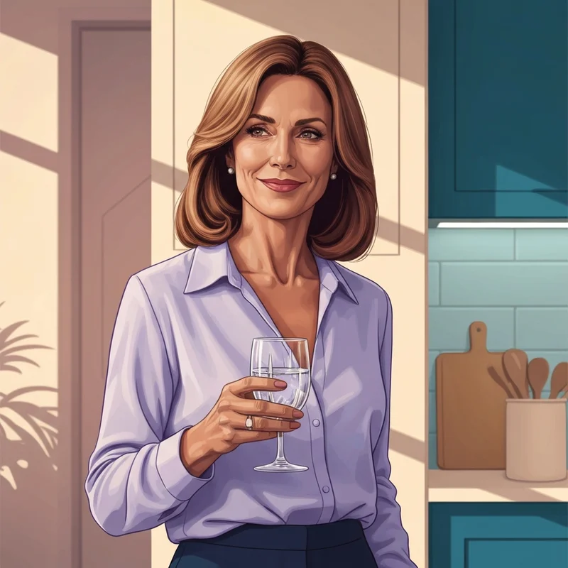 A sophisticated woman in a sunlit kitchen, representing the psychological archetype explored in friends mother porn discussions.