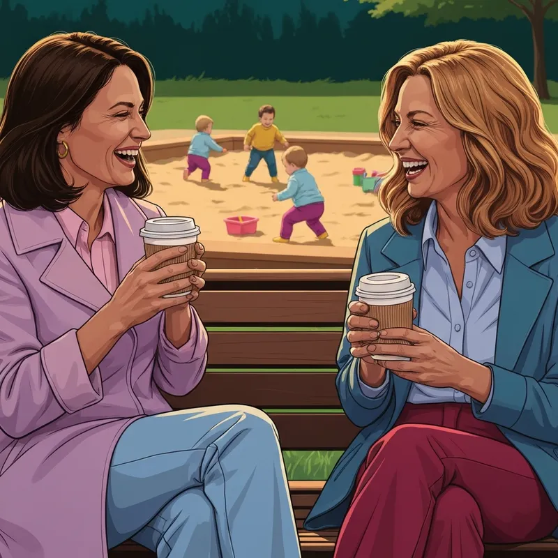 Two young mothers making mom friends at a sunlit park, sharing a laugh and coffee while their children play.