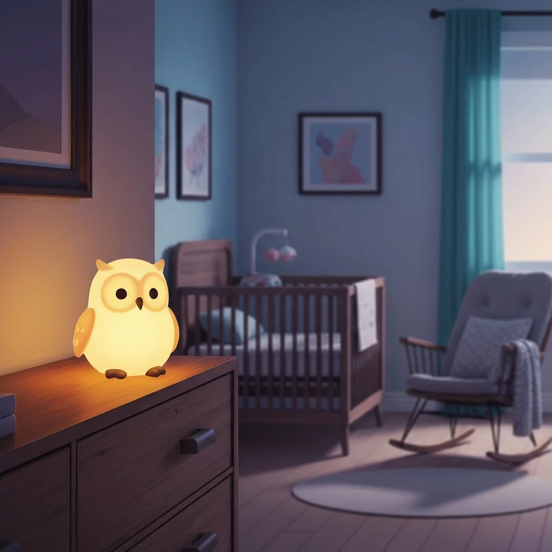 A glowing owl sleep aid from the gro friends collection sitting on a dresser in a peaceful nursery.
