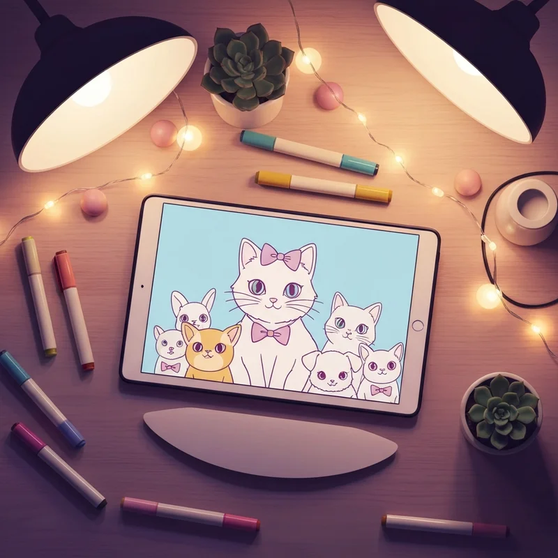 A cozy art desk with a tutorial on how to draw hello kitty and friends visible on a screen.