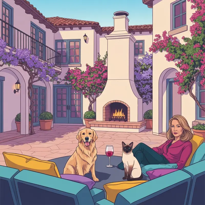 A luxury courtyard at one of the premier pet friendly hotels in carmel ca featuring a dog and cat relaxing by a fireplace.