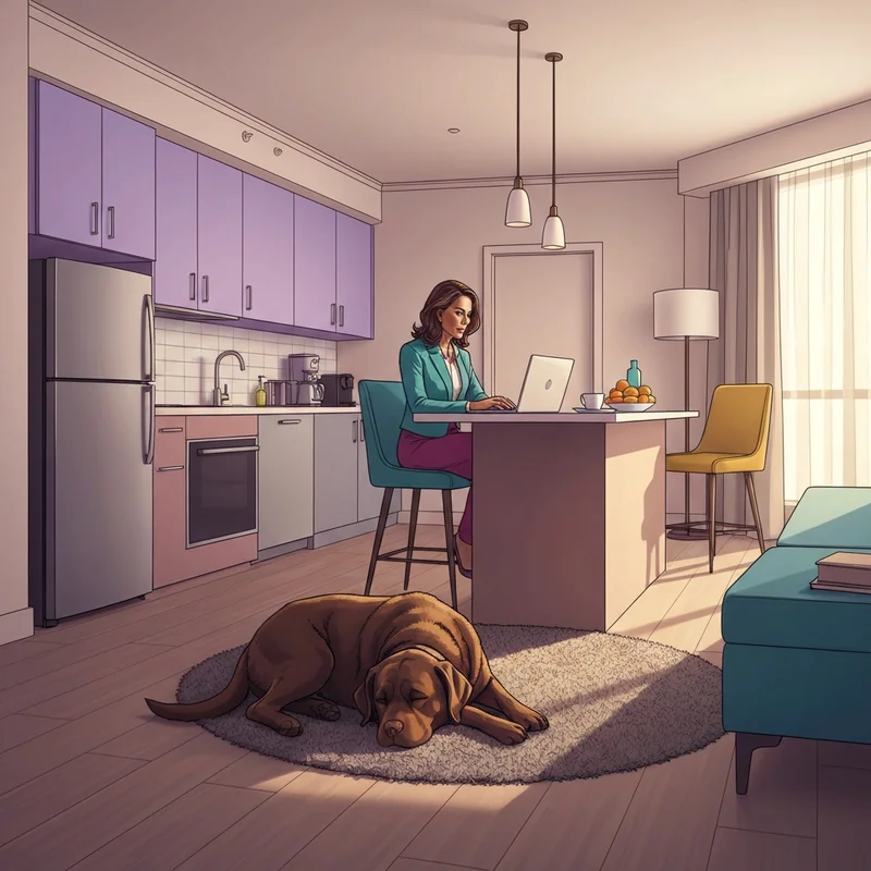 A professional woman working in pet friendly extended stay hotels with her large dog by her side.