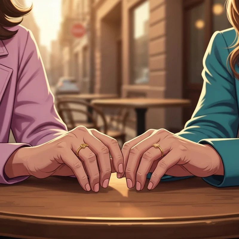 Two friends showing off their matching rings for friends during golden hour.