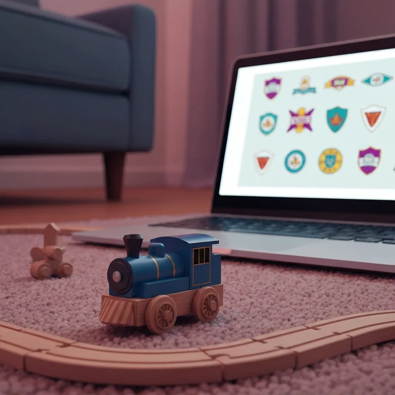 A nostalgic scene of a wooden train set with a classic thomas & friends logo inspiration.