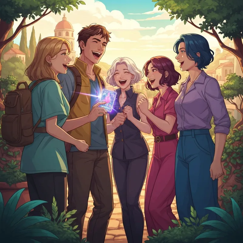 A group of adventurers celebrating their journey, inspired by the friends in paldea full art card aesthetic.
