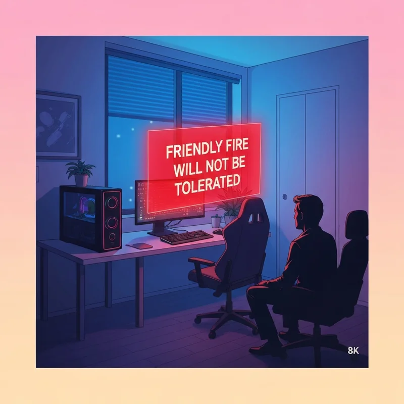 A glowing red digital warning screen saying friendly fire will not be tolerated in a neon gaming room setup.