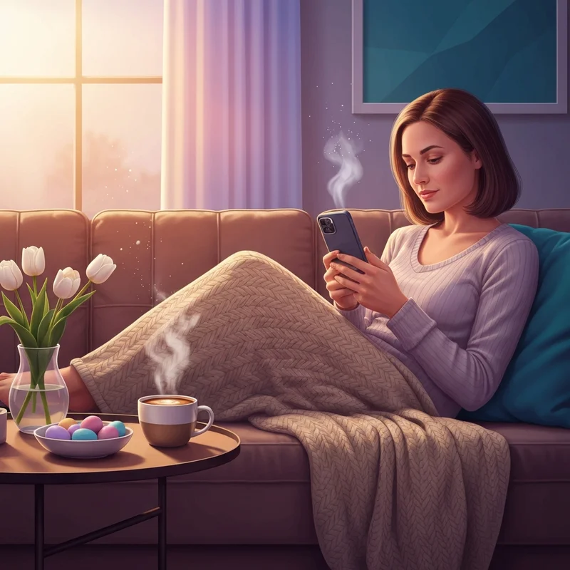 A cozy morning scene of a woman texting a happy easter friend message on her phone.