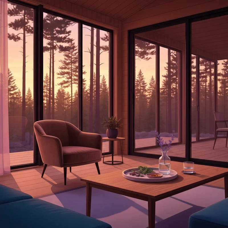 A serene and private 420 friendly airbnb cabin in the woods at sunset, designed for a luxury cannabis wellness retreat.