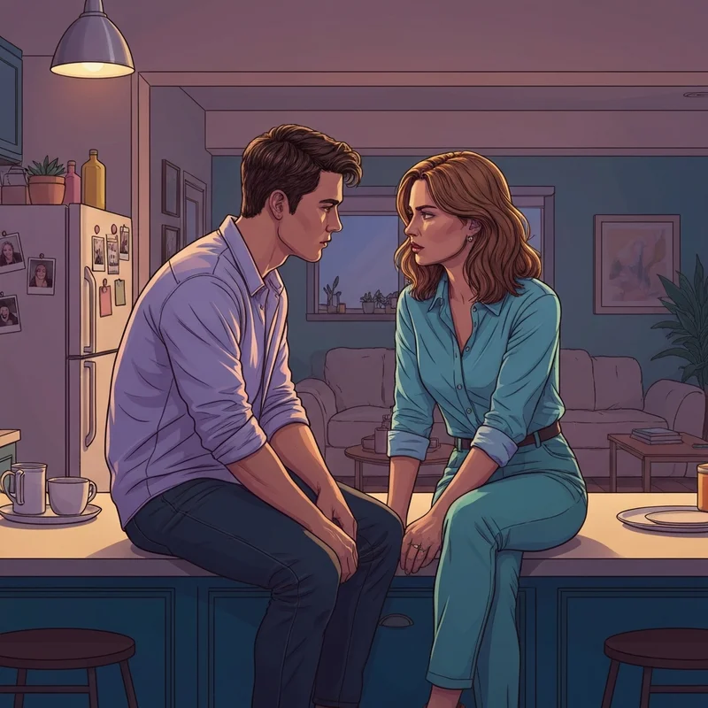 Two friends sitting in a kitchen late at night, illustrating the childhood friend complex and the tension of romance.