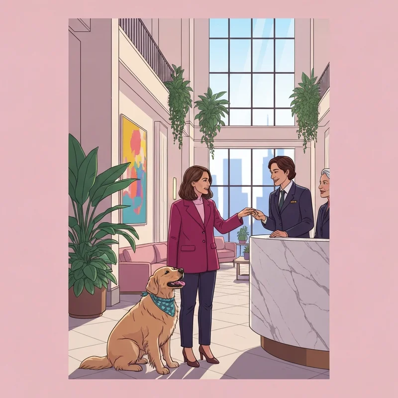 A woman and her golden retriever at the reception of one of the best dog friendly hotels atlanta has to offer.