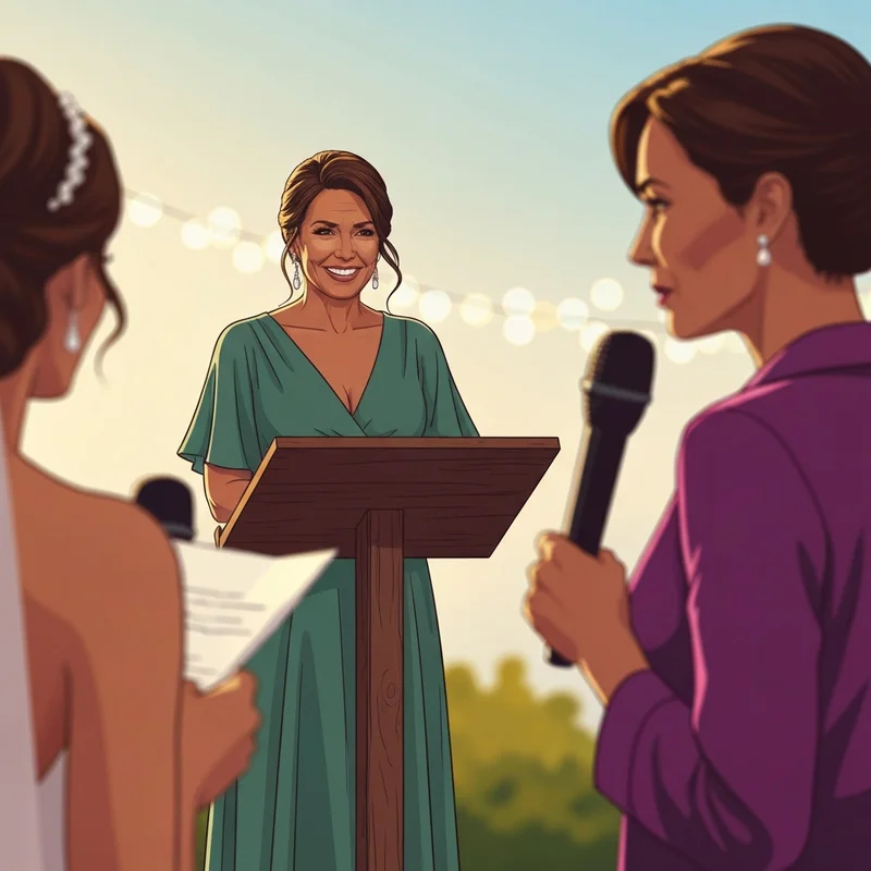 A woman delivering a maid of honor speech for best friend at a beautiful outdoor wedding.