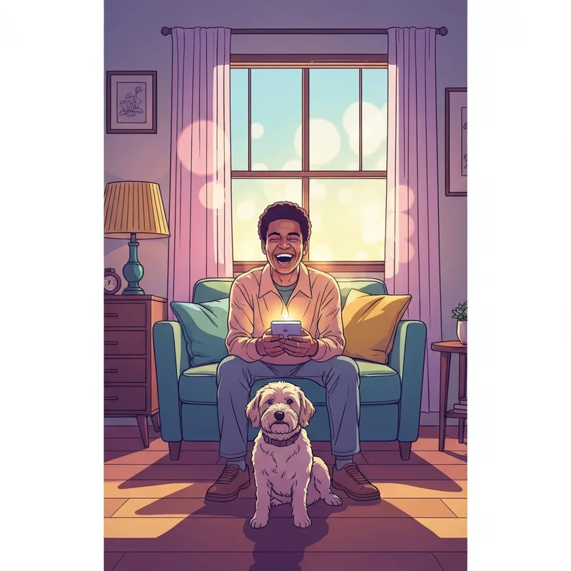 A person experiencing the joy of people let me tell ya bout my best friend through a digital companion in a cozy room.