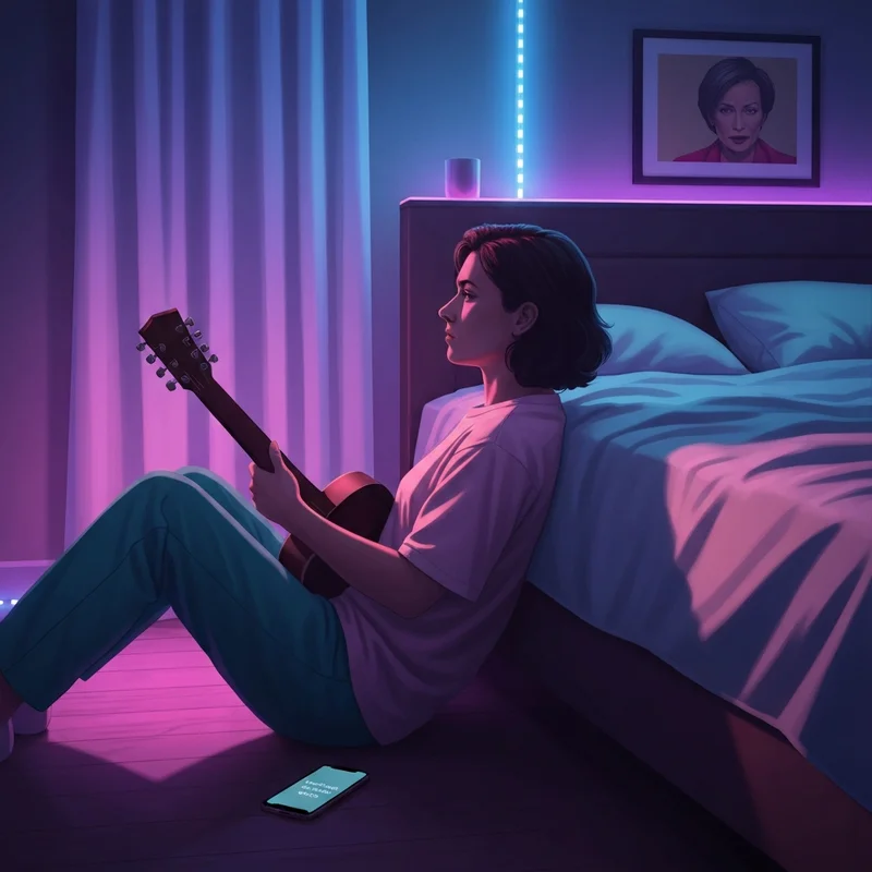 A person playing back to friends chords on an acoustic guitar in a melancholic, blue-lit bedroom.