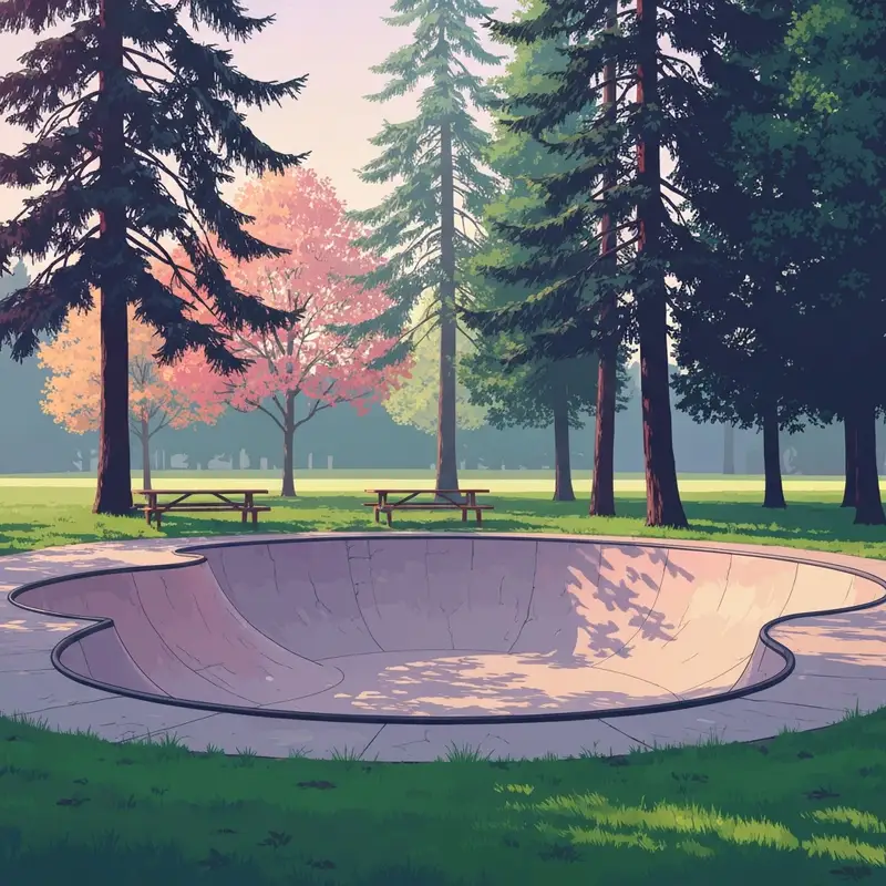 The serene landscape of Friendly Grove Park Olympia showing the skate structure and shaded picnic areas.