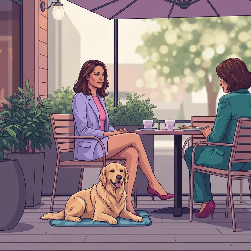 A pet parent enjoying a coffee at one of the top dog friendly places in the city with their retriever.