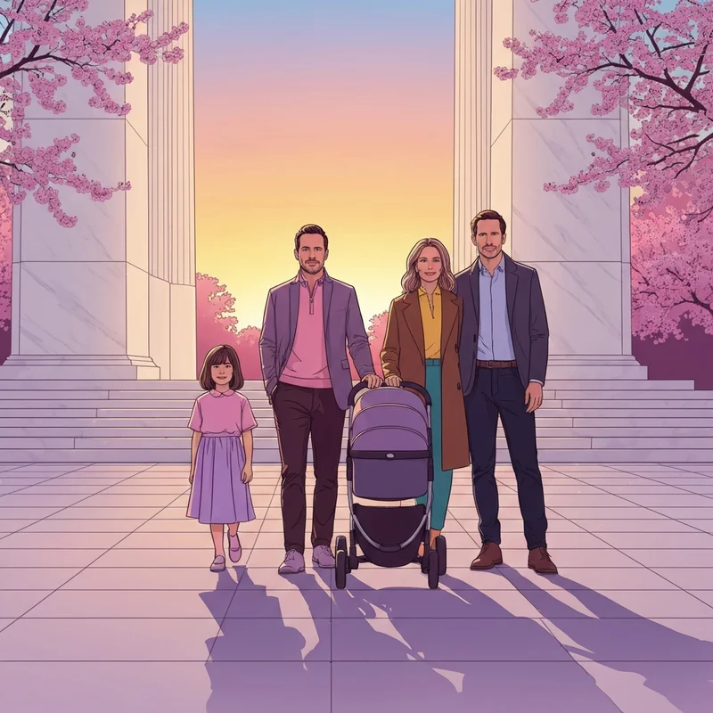 A family enjoying a sunset walk near family friendly hotels in washington dc with the Jefferson Memorial in the background.